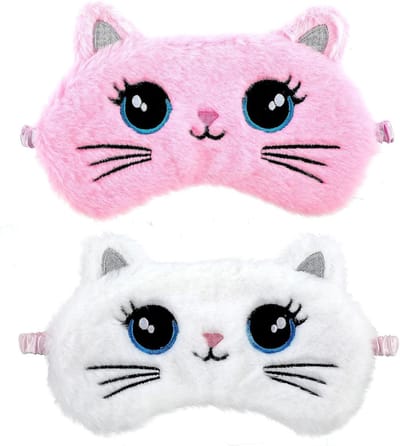 Zachte Pluche Oogmasker Set voor Comfortabel Slapen, Schattige Dierlijke Blinddoek en Slaapmasker voor Volwassenen, Ideaal als Cadeau voor Dames en Heren (Roze Witte Kat)