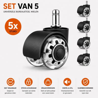 MeubelsvanJoep Bureaustoel wieltjes 11 mm - Bureaustoel wielen 11mm - Ø 50 mm - wieltjes voor onder meubels - 75 KG per wiel - Bureaustoel wieltjes voor laminaat & PVC & harde vloer - Set van 5