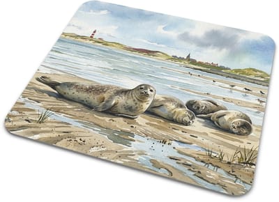 "Aquarel Series" Muismat Zeehond - Rustende Zeehonden op Zandbank bij Zee - Waddeneilanden Mousepad met Vuurtoren - Kantoor Decoratie Cadeau voor haar: Vrouw, Vriendin & Collega - Maritiem Design - Strand & Duinen Illustratie