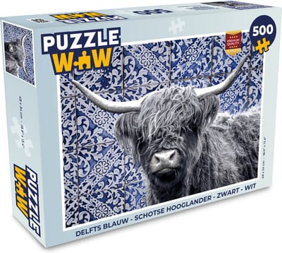 Puzzel Delfts blauw - Schotse hooglander - Zwart - Wit - Legpuzzel - Puzzel 500 stukjes
