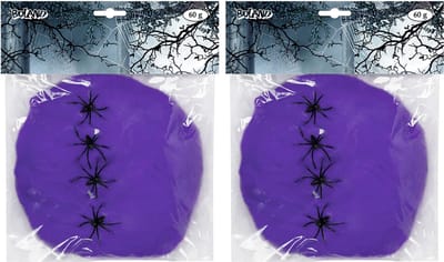 Boland decoratie spinnenweb/spinrag met spinnen - 2x - 60 gram - paars - Halloween/horror thema versiering