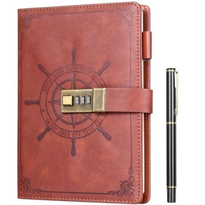 Dailygoods - Kesote Dagboek met wachtwoord van leer met cijferslot, geheim dagboek, A5, met pen, werkrecording, dagboek, spiraalbinding, hardcover, 212 pagina's (bruin)