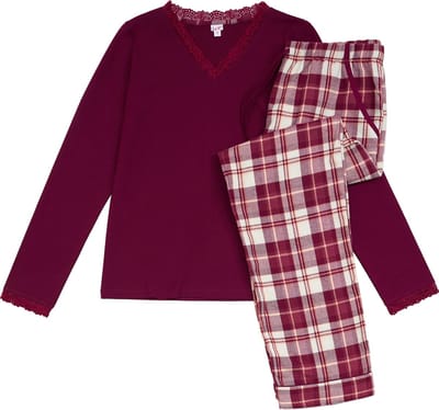 La-V pyjamaset voor dames met geruite flanel broek en V hals met kant contrast Bordeauxrood S