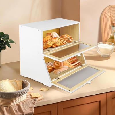 Broodtrommel Bamboe - Keuken Opbergdoos - Brood Vers Houden - Dubbele Laag - 33 x 25 x 40 cm - Wit