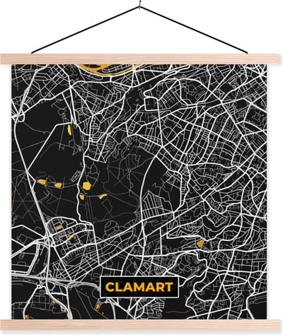 Posterhanger incl. Poster 40x40 cm - Schoolplaat - Plattegrond - Clamart - Stadskaart - Frankrijk - Kaart - Textielposter - Blanke latten - Stadskaart