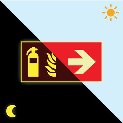 Extra lichtgevend brandblusser bord rechts, 300 x 150 mm, F001