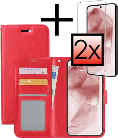 Hoesje - Met 2x Screenprotector - Geschikt voor Samsung Galaxy A55 - Luxe Pasjeshouder - Bookcase Portemonee - Flip Case - Kunstleer Book Case - Flipcase Hoes - Book Cover - Walletcase - Portemonneehoes - Rood