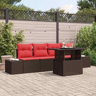 vidaXL - Bankstel - 5 - st - 4-Aantal - zitplaatsen - Bruin - en - Rood - poly - rattan
