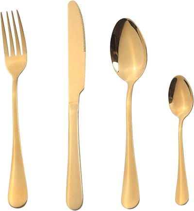 vergulde bestekset, 8-delig gouden bestekset, geschikt voor 2 personen.