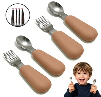 Babybestekset Vork & Lepel – 2 Sets (2 lepels + 2 vorken) – Bestek voor baby's en peuters – Eetgerei voor kinderen – Leerbestek voor zuigelingen – Roestvrijstalen vorken en lepels met korte siliconen handvatten – Babyvork- en lepelset – 11,5 x 2,8 cm
