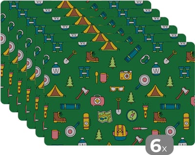 Placemat - Placemats kunststof - Kamperen - Tent - Bijl - Backpack - 45x30 cm - 6 stuks - Hittebestendig - Anti-Slip - Onderlegger - Afneembaar