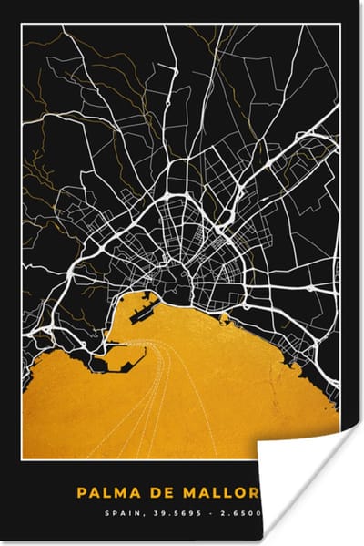 Poster Mallorca - Stadskaart - Goud - Plattegrond - Kaart - 120x180 cm XXL