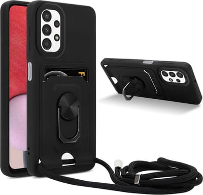 Cadorabo Telefoonketting Hoesje met standfunctie geschikt voor Samsung Galaxy A13 5G in ZWART - Siliconen beschermhoes met verstelbare koordband