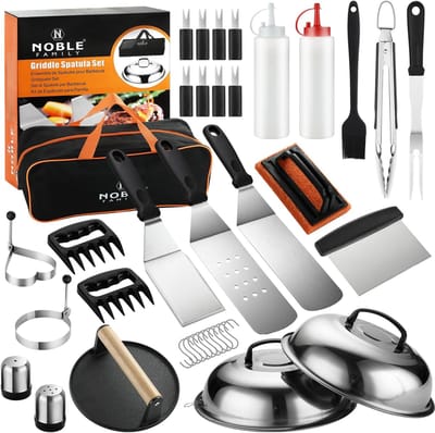 SnelShoppen - 38-delige barbecue-accessoireset, professionele barbecuegereedschapsset van roestvrijstaal met grillspatel, tang, hamburgerpers en draag