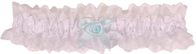 Kousenband Wit met Broderie & Lichtblauw Strikje met Roosje - 33cm Elastisch