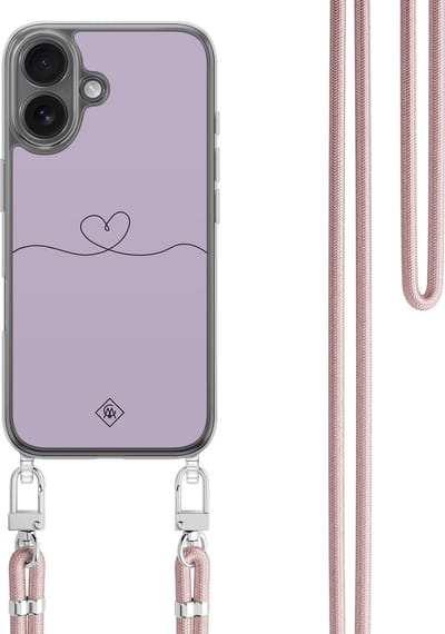 Casimoda® hoesje met koord - Geschikt voor iPhone 16 - Hart Lila - Afneembaar koord - TPU/polycarbonaat - Paars