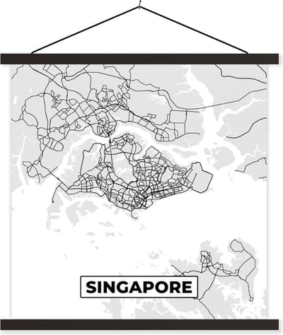 Posterhanger incl. Poster 60x60 cm - Schoolplaat - Singapore - Plattegrond - Stadskaart - Zwart Wit - Kaart - Textielposter - Zwarte latten - Stadskaart
