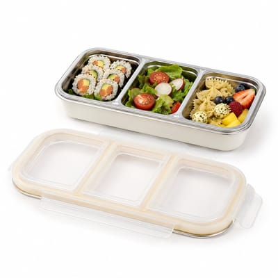 VHV-3-Vaks Lunchbox Crèmewit - Lekvrije Bento Box voor Gezonde Maaltijden en Salades - Stijlvolle Meal Prep Bakjes voor Werk en School - BPA-vrij en Compact Design