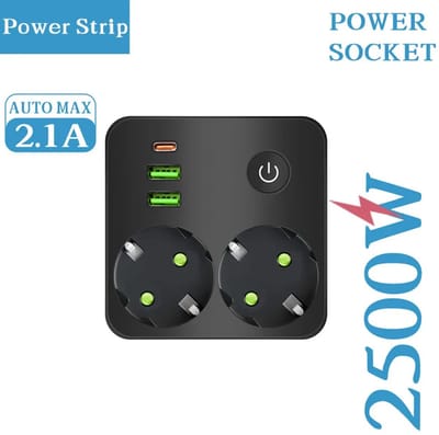 EU Multitap Stekkerdoos - 2 Stopcontacten + 2 USB + 1 Type-C - 2500W - Zwart