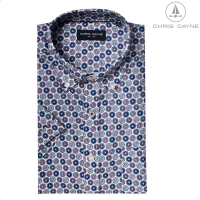 Chris Cayne heren overhemd - korte mouw - M - borstzak - lila/blauw - geprint dessin - 100 % Katoen - borstzak