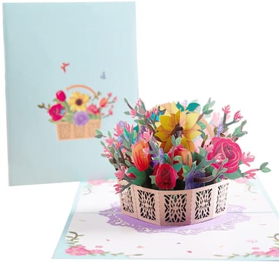 Dailygoods- Pop Up Kaart Bloemen Mand - 3D Wenskaart - Handgemaakte Wenskaarten - Verjaardagskaart - Valentijnskaart - Hoogwaardig Karton - 15x20 cm