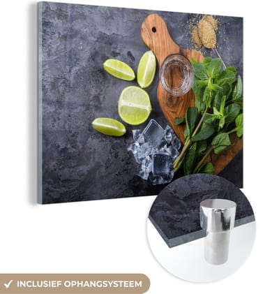 MuchoWow® Glasschilderij 120x90 cm - Schilderij acrylglas - Snijplank - Glas - Fruit - Citroen - Foto op glas - Schilderijen