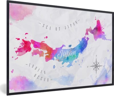 Poster in lijst - Fotolijst 90x60 cm - Posters - Wereldkaart - Kleuren - Japan - Posterlijst zwart - Decoratie - Wanddecoratie woonkamer - Muurdecoratie slaapkamer