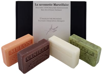 Soap bar set - zeep savon de marseille Chevrefeuille, Mojito, Vanille, Meloen 4x125 gr. brievenbuscadeau - cadeauverpakking