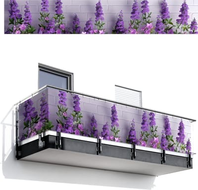 Balkonscherm 500x85 cm - Balkonposter Bloemen - Planten - Paars - Groen - Wit - Balkon scherm decoratie - Balkonschermen - Balkondoek zonnescherm