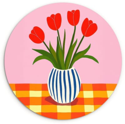 WallCircle® Wandcirkel 120x120 cm - Muurcirkel Tulpen - Roze - Vaas - Muurdecoratie woonkamer - Wanddecoratie slaapkamer - Kamer decoratie accessoires - Ronde schilderijen XXL