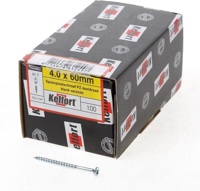 Kelfort Spaanplaatschroef platverzonken kop verzinkt pozidriv deeldraad 4.0 x 60mm (Prijs per 100 stuks)