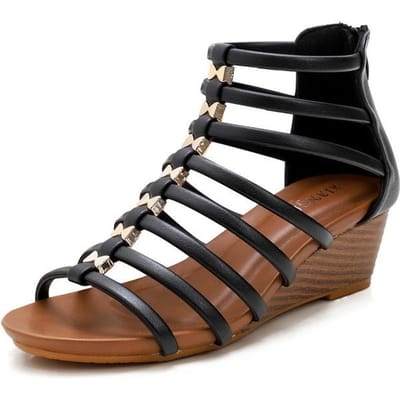 Dames Gladiator Sandalen Etnische Stijl Open Teen T-Band Bedekt Achterkant Rits Dames Zomerschoenen Boheemse Romeinse Stijl Leren Sandalen 39 zwart