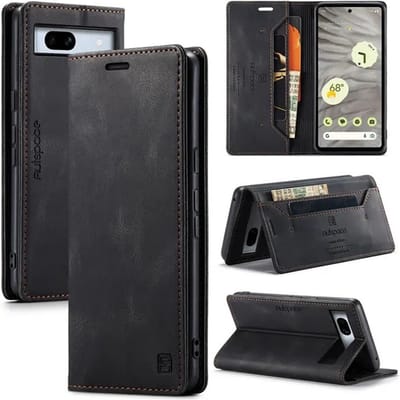 Luxe Flip Case met RFID Bescherming Kaarthouder en Magneetsluiting + Glas Screenprotector voor Google Pixel 7A _ Zwart