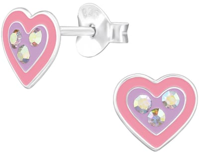Joy|S - Zilveren hartje oorbellen - 7.3 x 6.7 mm - roze paars met paarlemoer kristalletjes - kinderoorbellen