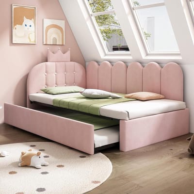 Slaapbank met uittrekbed - Logeerbed kinderkamer - Ruimtebesparend slapen - L-vorm aanpasbaar - 90 x 200 cm - Roze fluweel