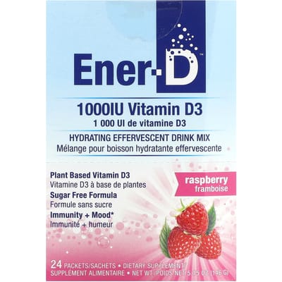 Ener-C, Ener-D, Vitamine D3, hydraterende bruistablet drankmix, suikervrij, framboos, 1.000 mg, 24 verpakkingen