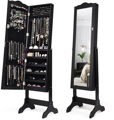 COSTWAY Sieradenkast, sieradenrek, afsluitbaar, spiegelkast met full-body spiegel voor make-up, kantelbaar (zwart)