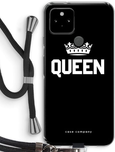 Case Company® - Hoesje met koord geschikt voor Google Pixel 5 hoesje met Koord - Queen zwart - Telefoonhoesje met Zwart Koord - Bescherming aan alle Kanten en Over de Schermrand
