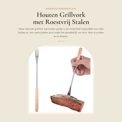 Dailygoods- Grillvork 26,5 cm - Roestvrij Staal - Houten Handgreep - Lichtgewicht - Barbecue Gereedschap - Comfortabel Gebruik - Barbecuevork