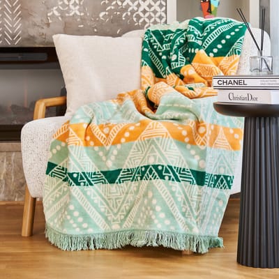 Boraboi® Katoenen Deken- 150x200 cm ,(Groen,wit,orange) 500 GSM – Ademend & Zacht – Dubbelzijdig – Vier Seizoenen