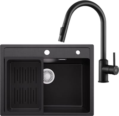 Anycee Max Granieten Spoelbak 60x46CM - Spoelbak Keuken Met Keukenmengkraan Met Uittrekbare Uitloop - Enkele spoelbakken Met Afdruiprek en Sifon - Afvoer en Overloopset
