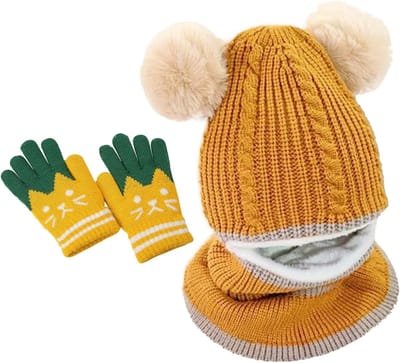 Kinderen Wintermuts met Balaclava, Ski Handschoenen en Sjaal, Pompom, Wit, Ideaal voor Koude Dagen, Warm en Comfortabel