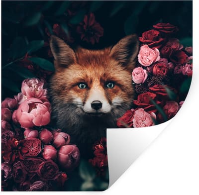 Muurstickers - Sticker Folie - Vos - Bloemen - Botanisch - Dieren - 100x100 cm - Plakfolie - Muurstickers Kinderkamer - Zelfklevend Behang XXL - Zelfklevend behangpapier - Stickerfolie