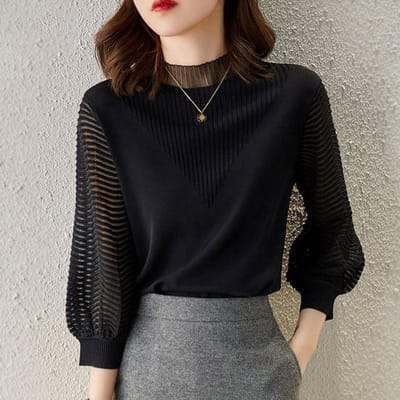 T-shirt à col roulé pour femme, tricot noir, tempérament, Slim, gaze, Patchwork, manches lanternes, bureau, ample, automne one size noir