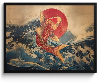 Poster in lijst - Fotolijst 80x60 cm - Posters - Koi - Zee - Golven - Zon - Posterlijst zwart - Decoratie - Wanddecoratie woonkamer - Muurdecoratie slaapkamer