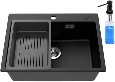 CECIPA max Granieten Spoelbak voor keuken 60x45cm Antraciet - Spoelbak Keuken Met Zeepdispenser 300ML - Wasbak met waterafvoersysteem - Granieten spoelbak met afdruip