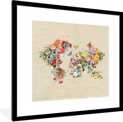 Poster in lijst - Fotolijst 40x40 cm - Posters - Wereldkaart - Bloemen - Vlinder - Bruin papier - Posterlijst zwart - Decoratie - Wanddecoratie woonkamer - Muurdecoratie slaapkamer