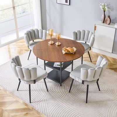 Set Tafel En Stoelen - Ronde Eettafel Met Dubbele Opbergruimte En 4 Stoelen - Voor Kleine Woonruimtes - Hout Metaal - Lichtgrijs Walnoot Zwart