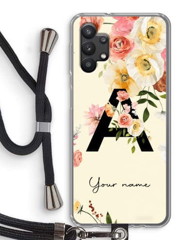 Gepersonaliseerd - Case Company® - Hoesje met koord geschikt voor Samsung Galaxy A32 5G hoesje met Koord - Flirty Flowers Monogram - Telefoonhoesje met Zwart Koord - Bescherming aan alle Kanten en Over de Schermrand