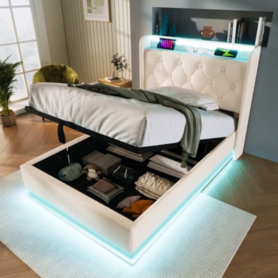 Gutent-Gestoffeerd bed 90x200 cm-360 graden surround LED-functie-drukknop/app/afstandsbediening-wit-zonder matras